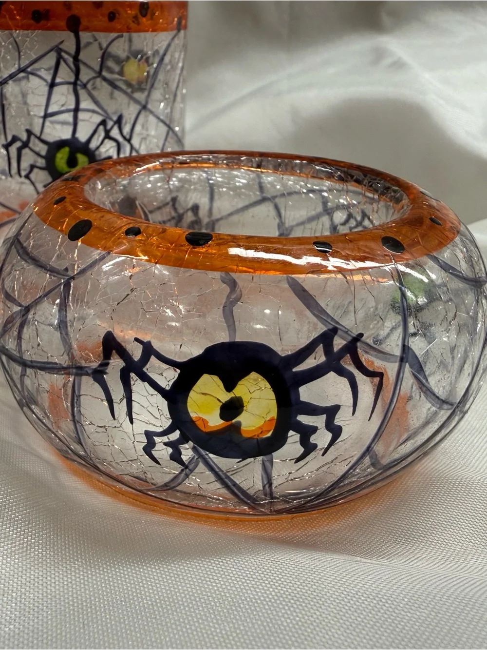 Hand-Painted Halloween Glass Votive Trio - Orange & Black Spider Webs